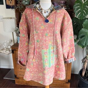 Kantha Bae Under the Stars Floral Pink Reversible Kantha Hooded Pullover OS